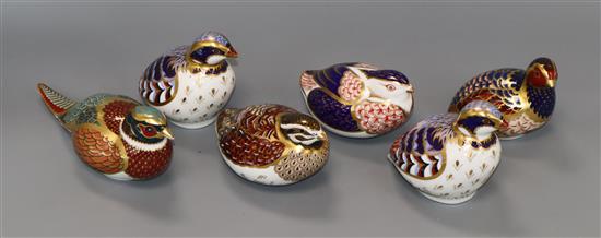 Six Royal Crown Derby partridge, pheasant and game bird paperweights